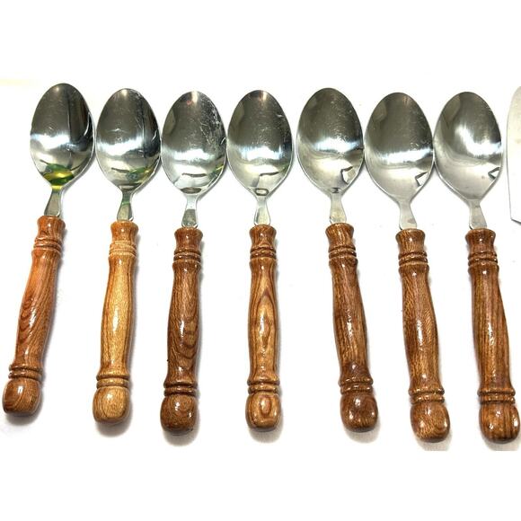 Vintage Stainless Flatware 28 Pc Wood Handle Set Taiwan Rustic Mid Century - Picture 2 of 6